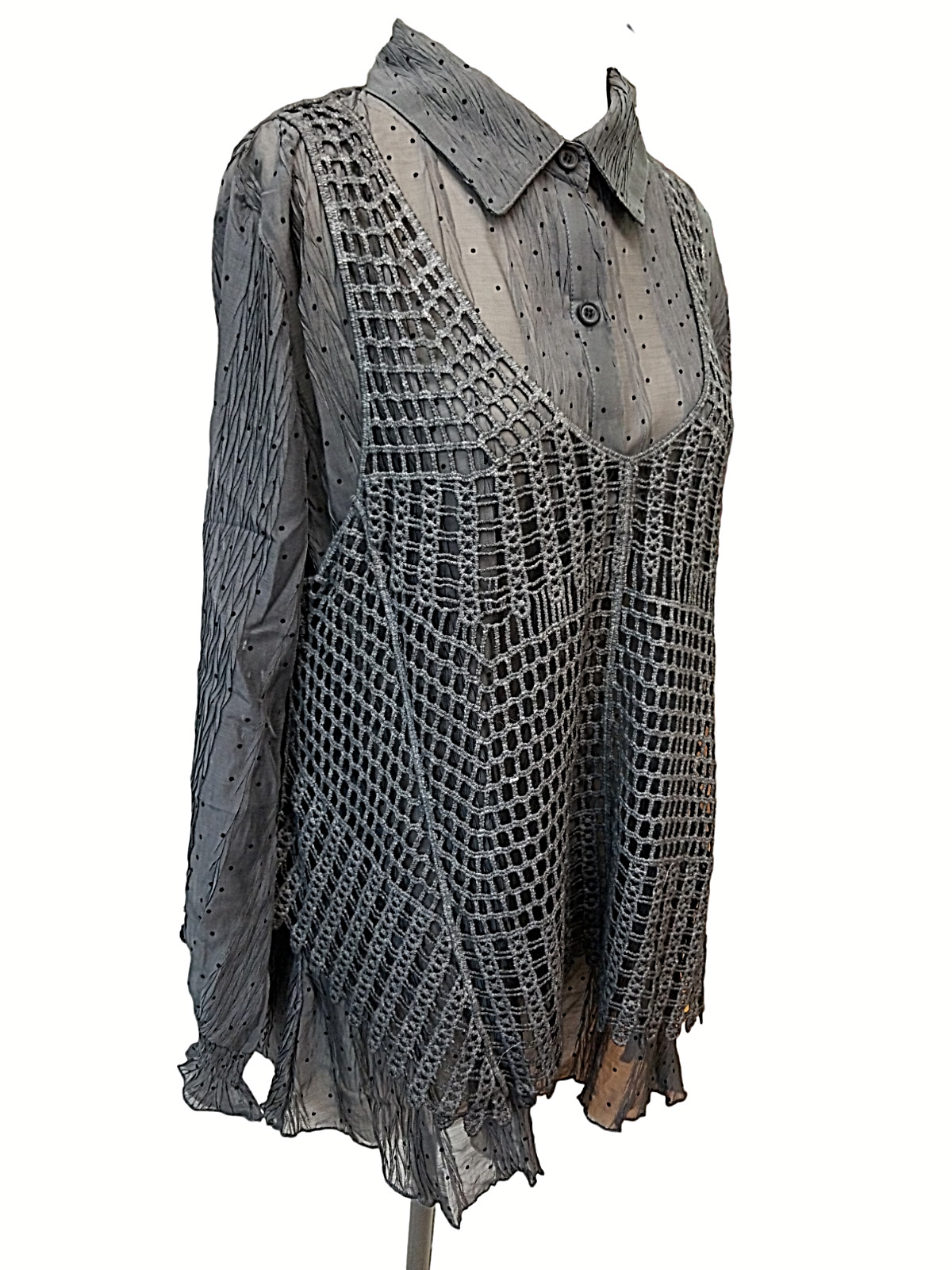 Pretty Angel Blouse Womens Large Gray Long Sleeve Crochet Overlay 2 Piece New