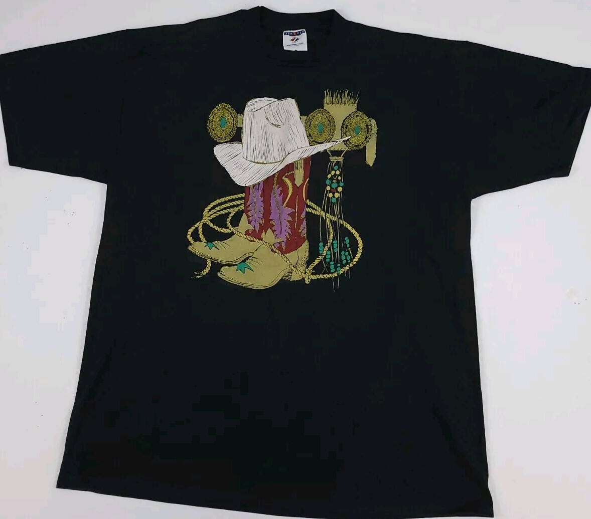 Vintage 90s Cowboy Boots Hat Western Art Print T Shirt Vtg Southwest Made In USA