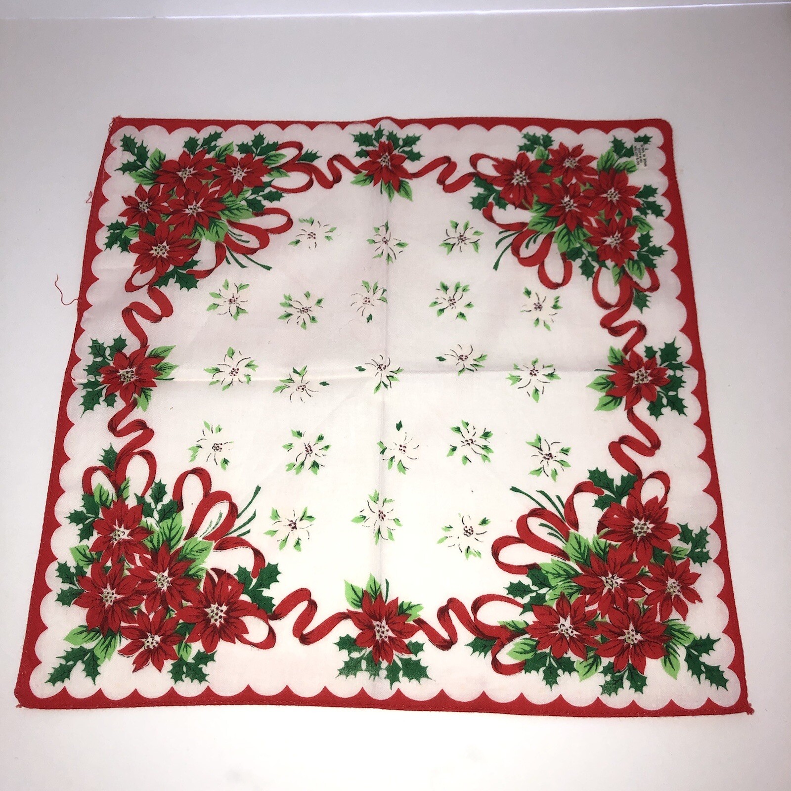 Vintage Handkerchief Red Poinsettias & Holly Leaves Hankie 12.75” Christmas