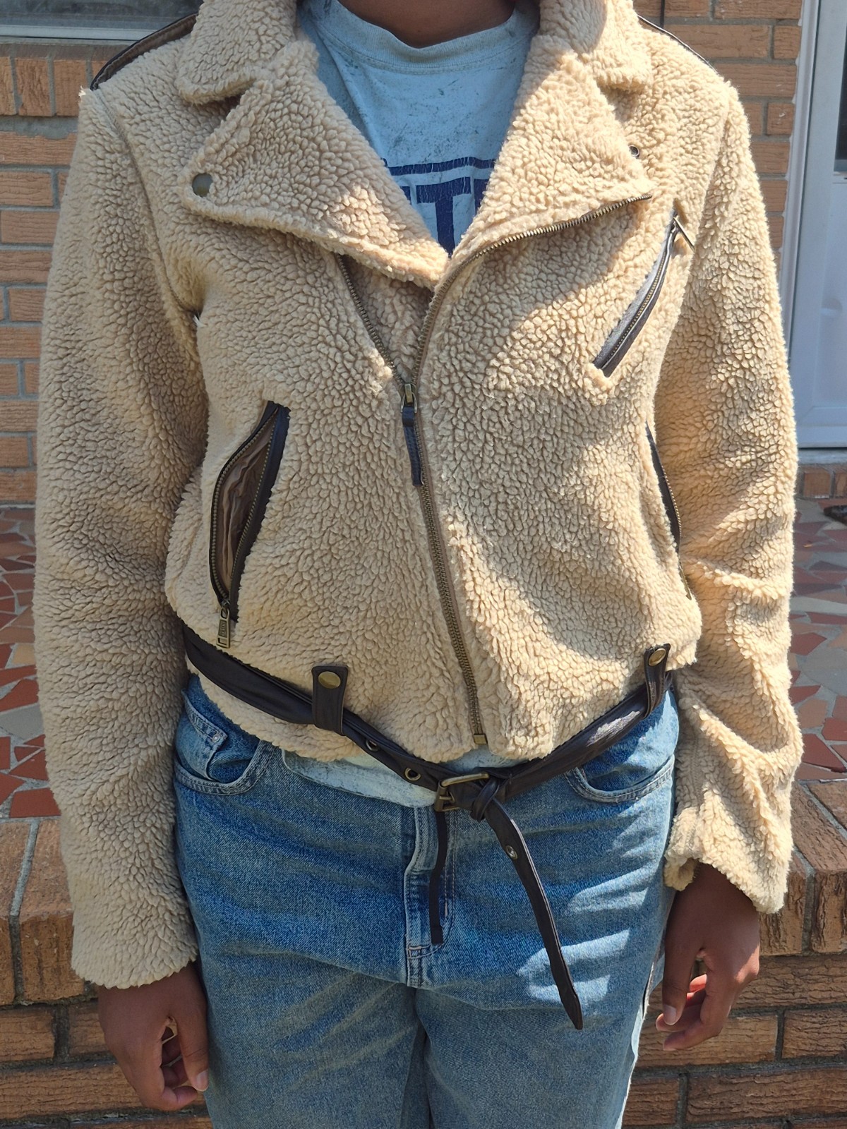 POLO RALPH LAUREN Sherpa Fleece Moto Jacket Leather Trim Women’s Size SP