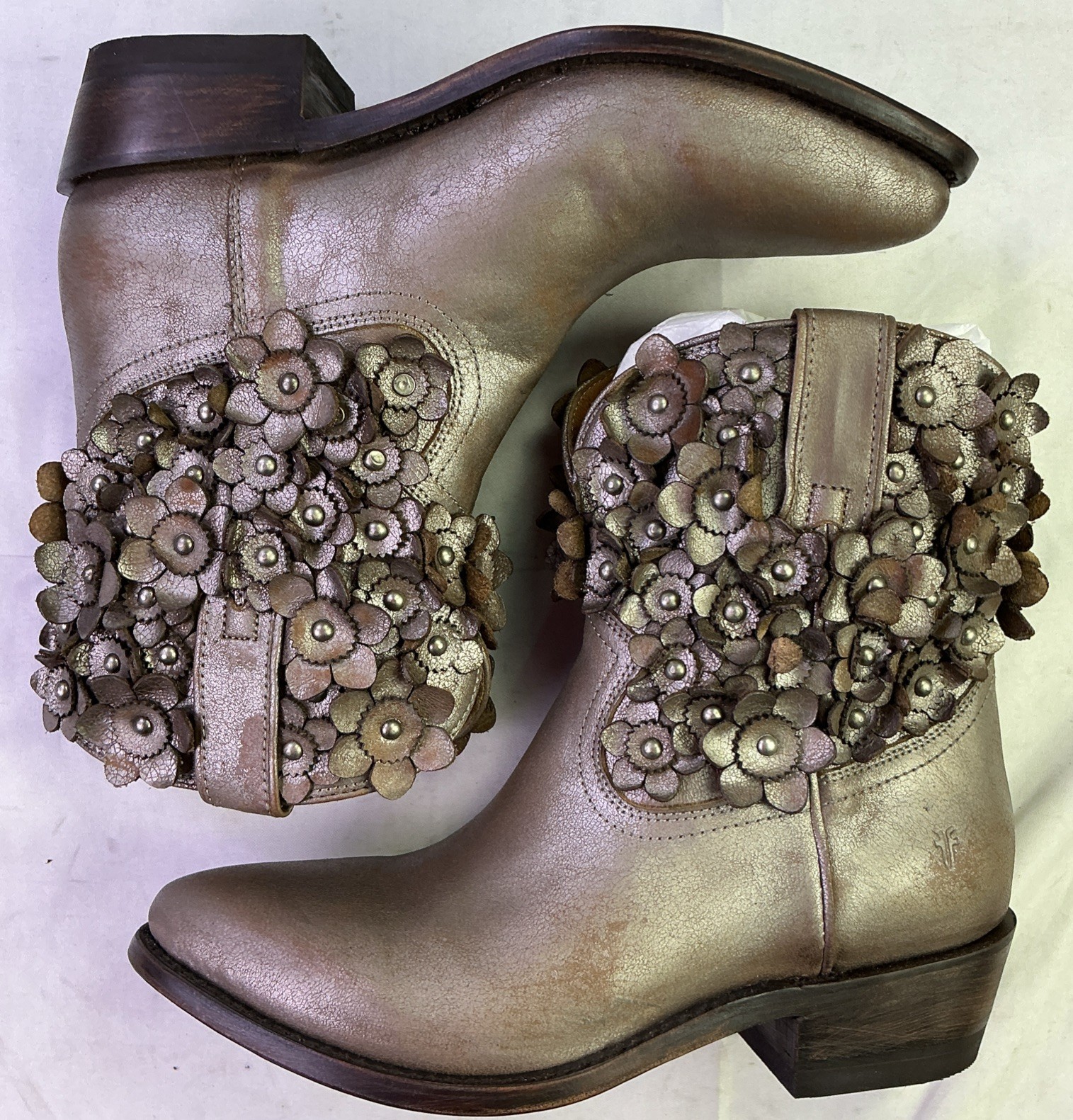 Frye Women’s Billy Flower Leather Booties-Metallic Stone/3D Flowers-Size: 8.5 B