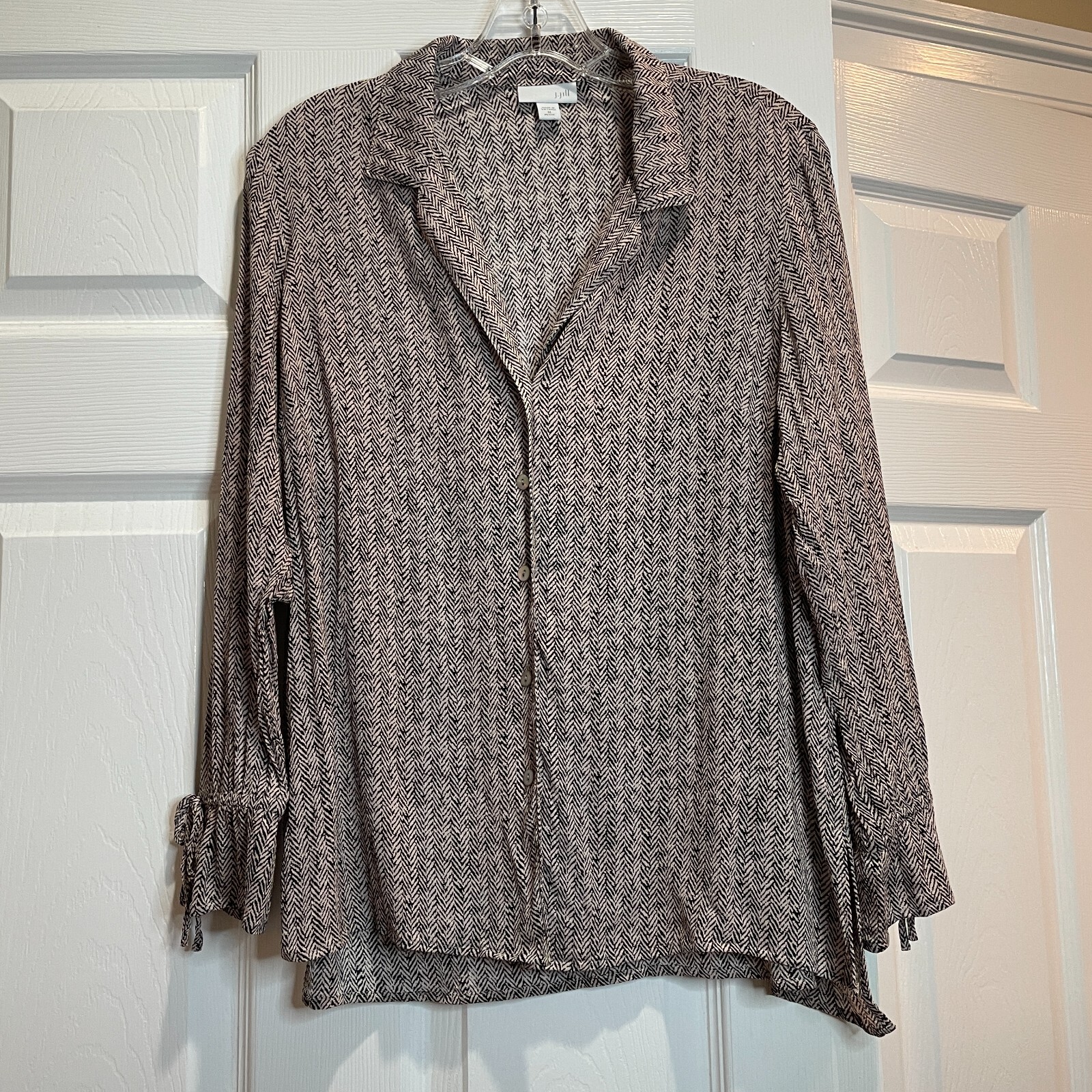 J Jill Med Petite Blouse Brown Herringbone Feminine Ruffle Cuff English Country