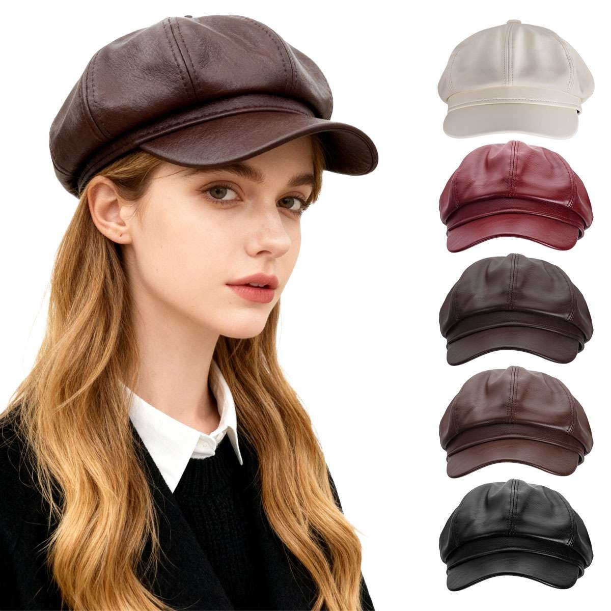 French Retro Ladies Artist PU Leather Beret Cap Baker Boy Peaked Cap Newsboy Hat