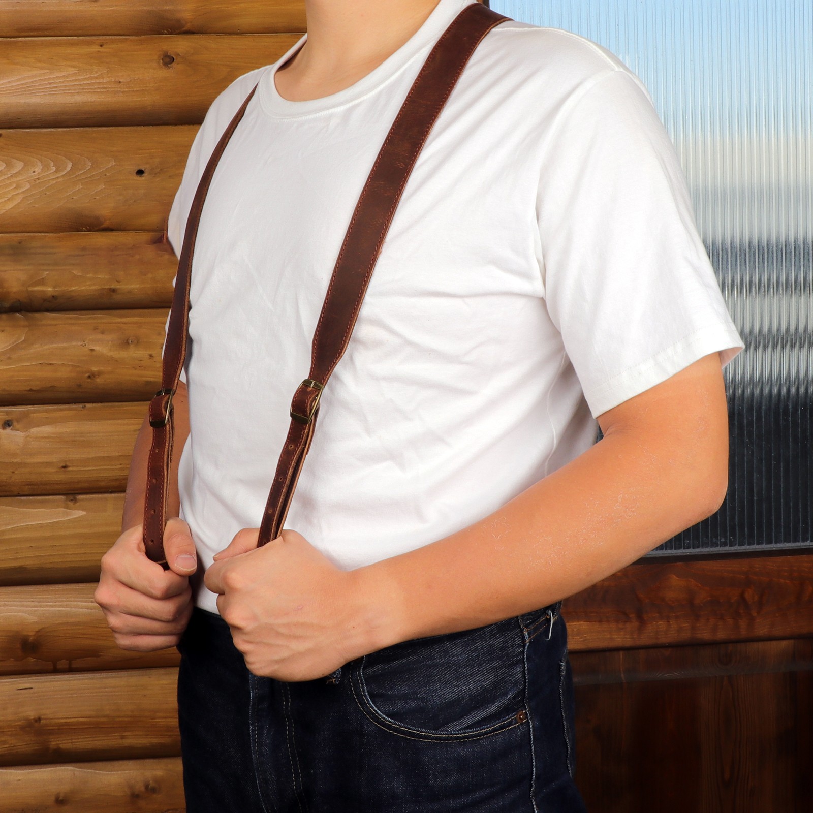 Tourbon Men’s Suspenders Y Back Adjustable Leather Y-Shaped 3 Hooks Pants Braces