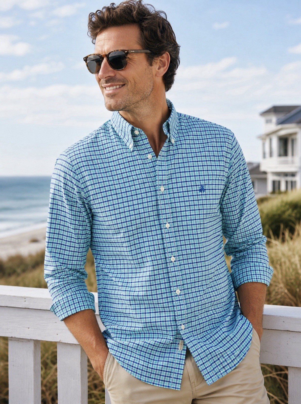 BROOKS BROTHERS Regent Fit Blue Aqua Plaid Non-Iron Stretch Shirt L Cotton