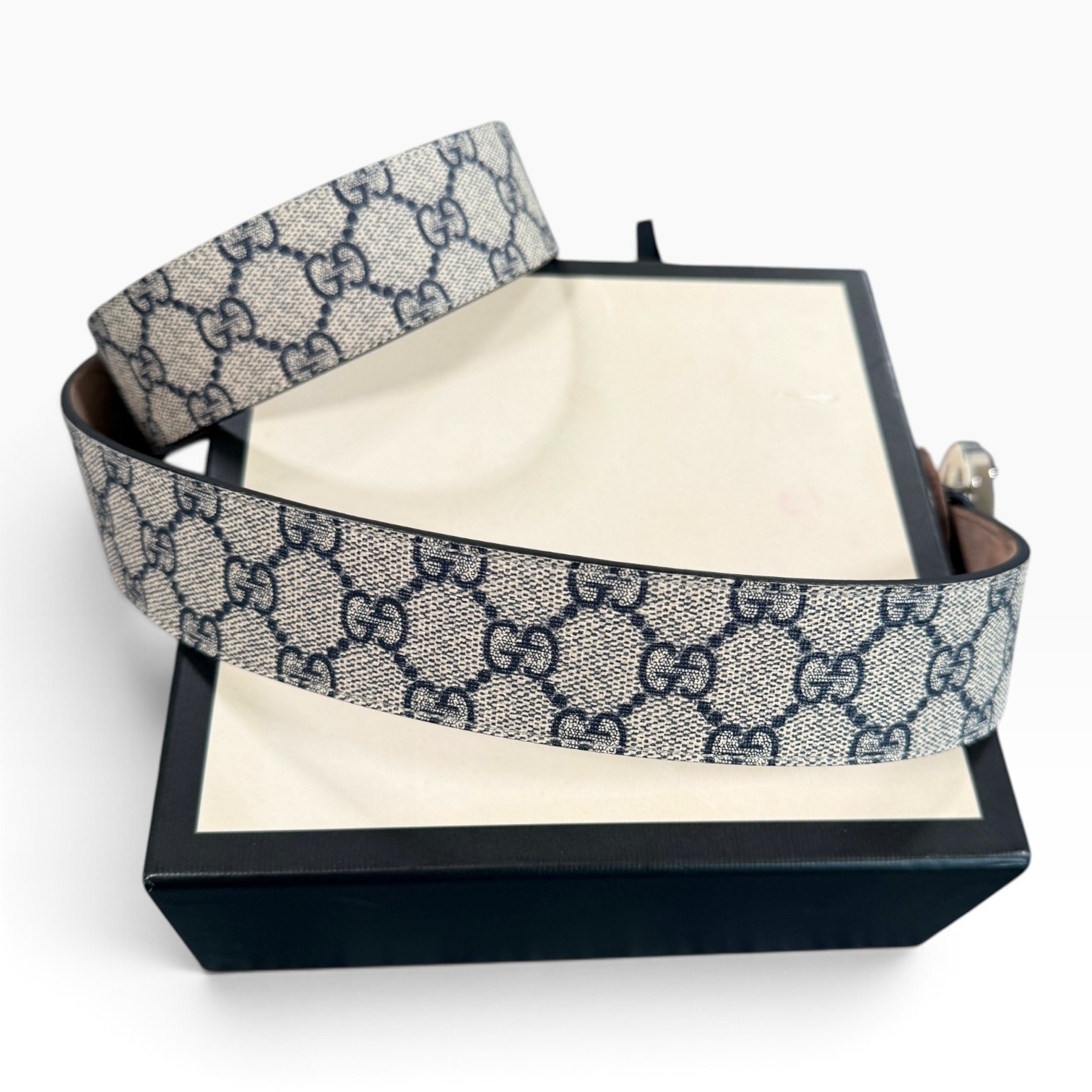 GUCCI GG Supreme Belt Interlocking G Buckle Mens Beige Ebony 90-36 Authentic