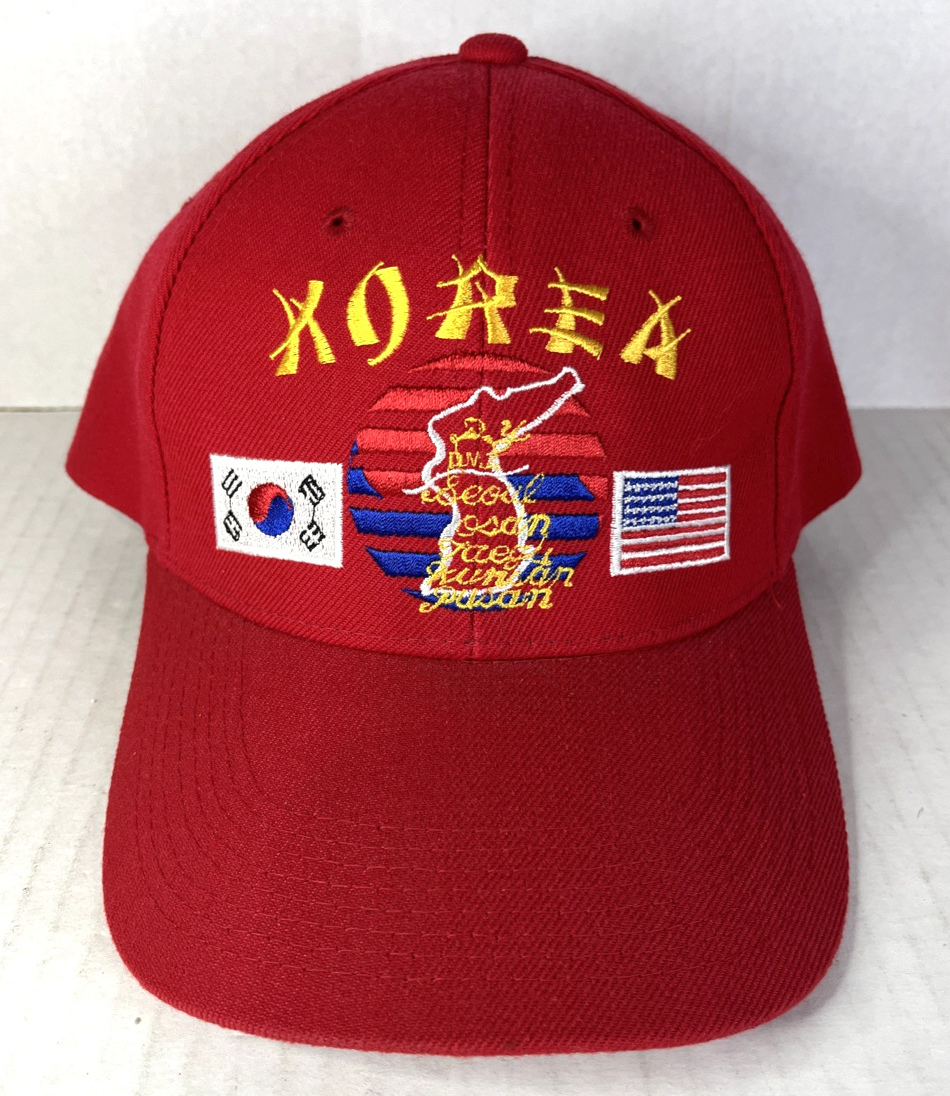 Korean War Red Mesh Snapback Hat Cap Vintage Military US South Korea Flags Wool