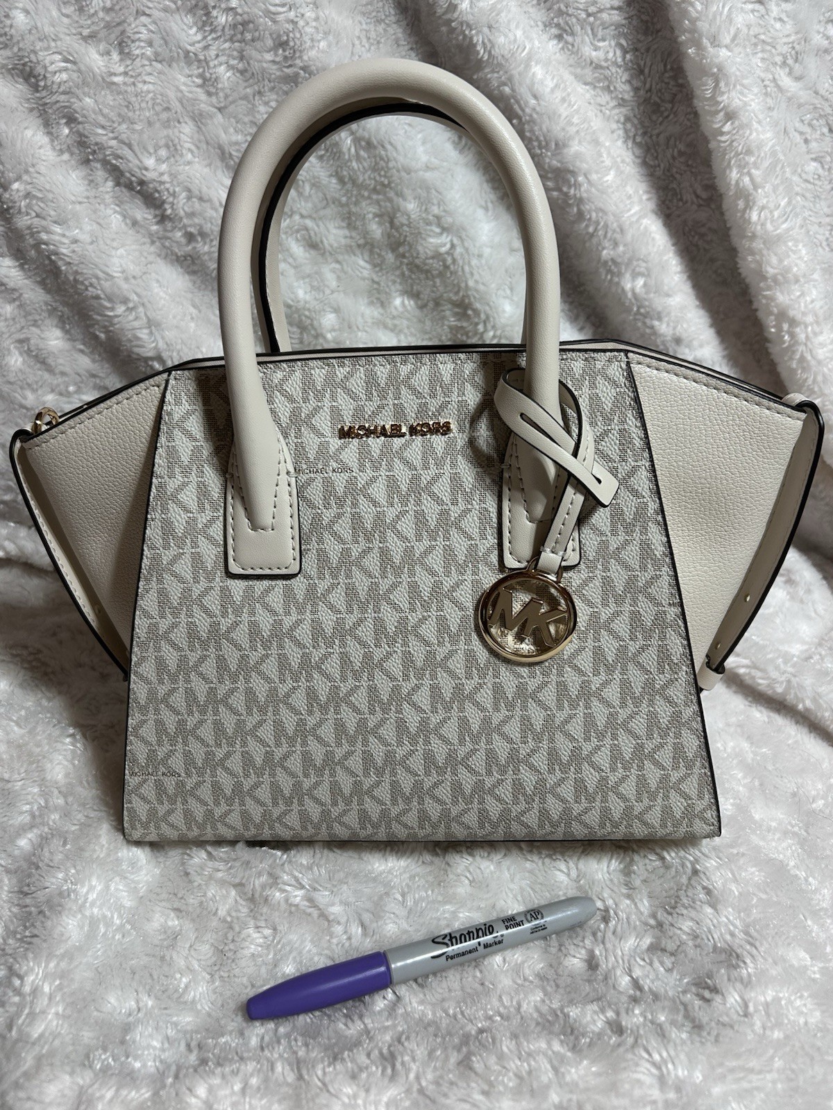Michael Kors Avril Small Top Zip Satchel Cream/Gray Monogram Logo Strap Charm
