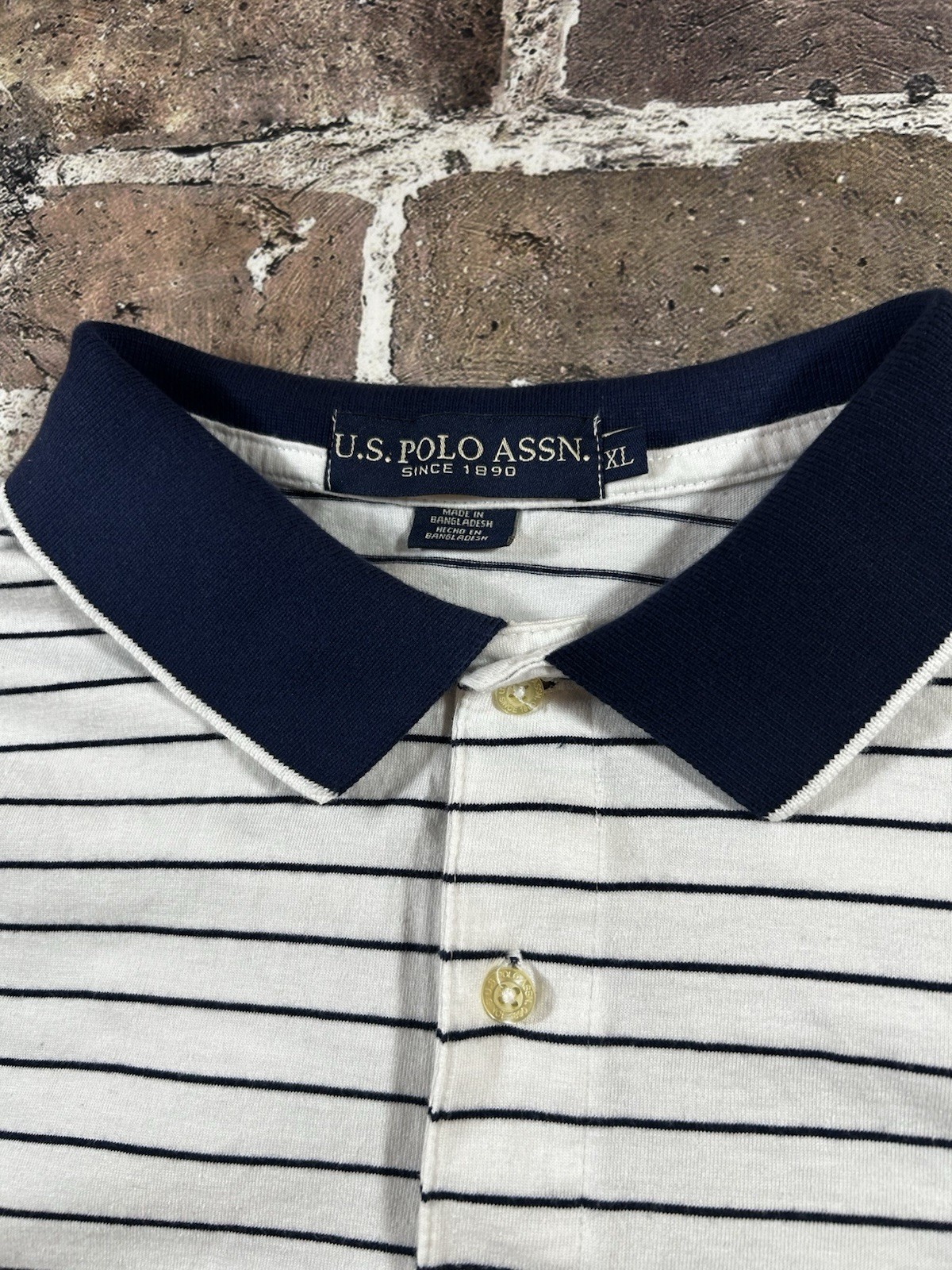 U.S. Polo Assn. Men’s White/Navy Striped Short Sleeve Polo Shirt XL Logo
