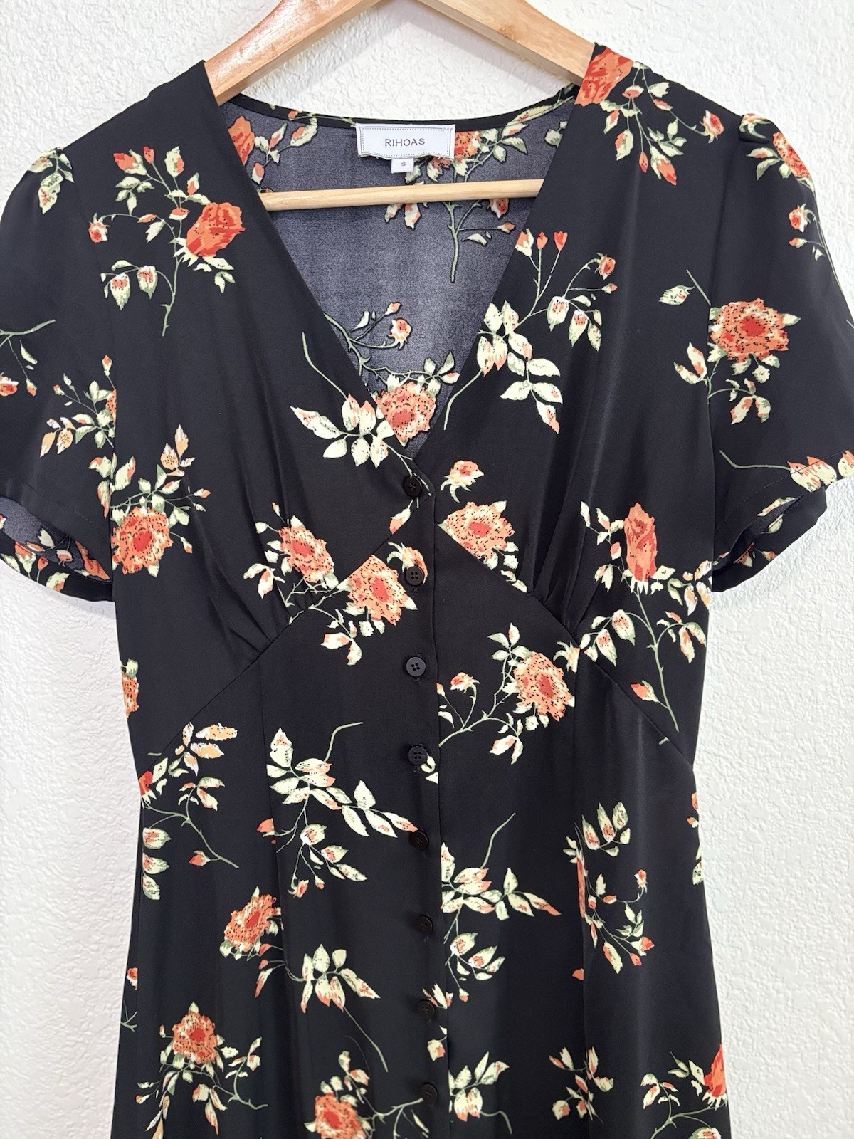 RIHOAS Black Floral Midi Dress Small Cottagecore Button Front Short Sleeve