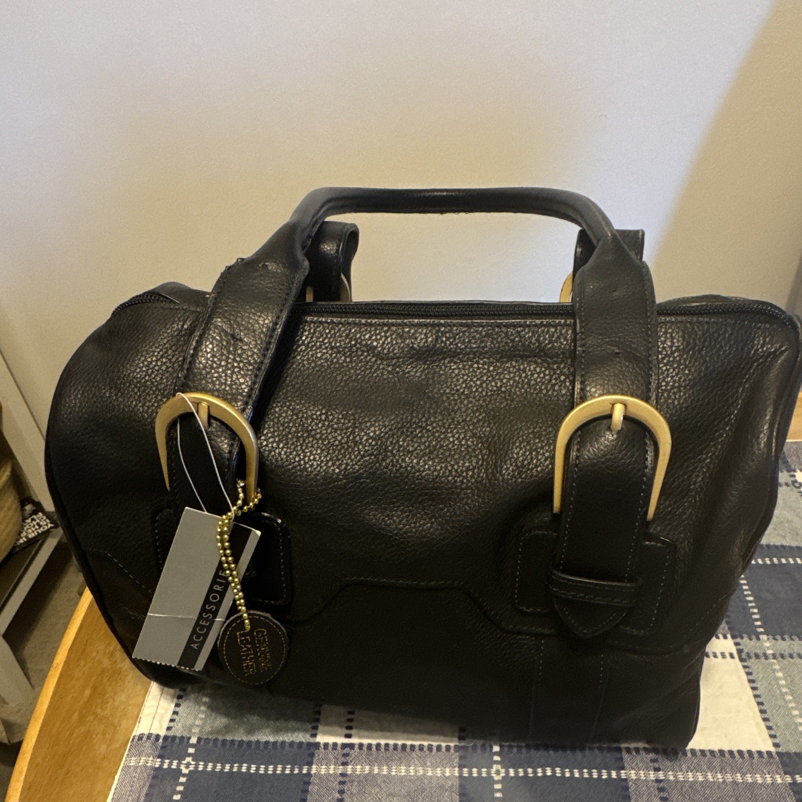 Accessorize Black Pebbled Satchel Top Handle Zip Bag Gold Hardware Buckle Charm