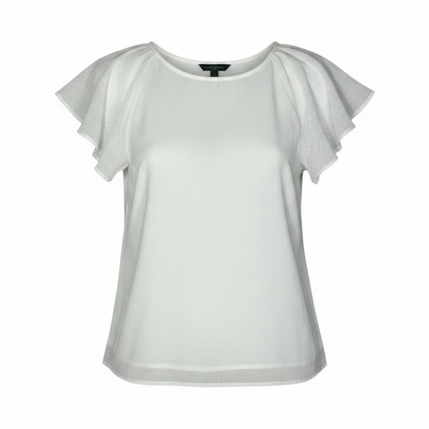 Women’s M Banana Republic White Solid Flutter Sleeve Ruffle Round Neck Blouse