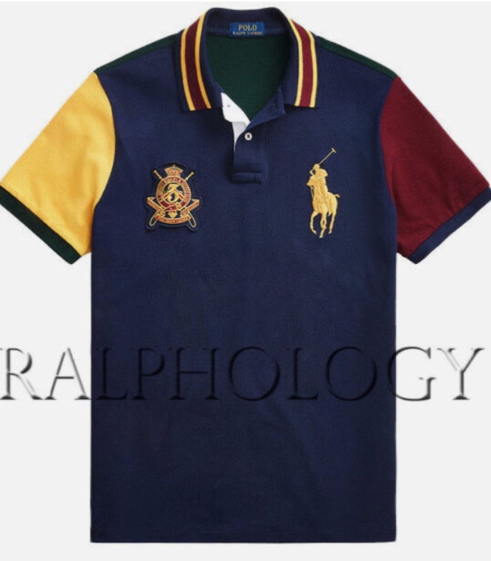 Polo Ralph Lauren Custom Slim Fit Big Pony Navy Gold Crest Block Mesh Polo Shirt
