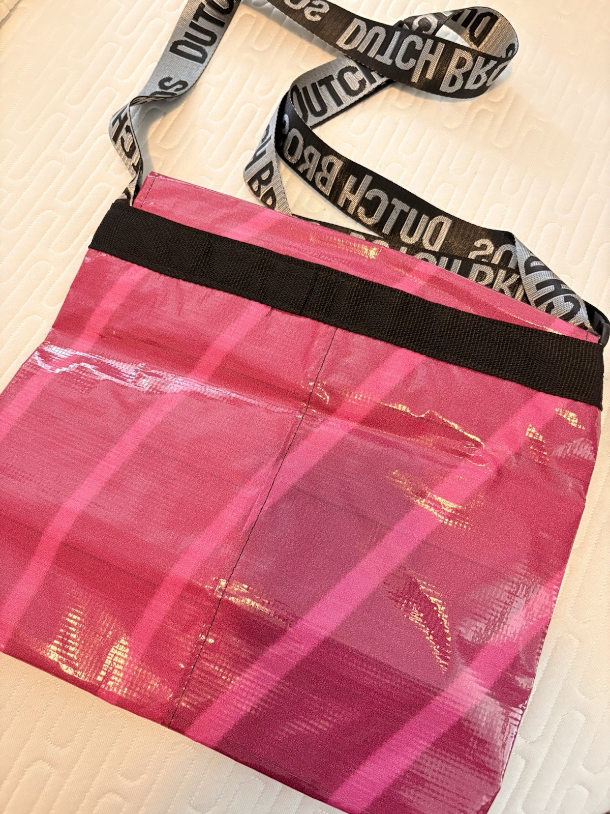 Pink Plaid Shoulder Bag Purse w/ Logo Accents, Inner Zip, Gray Strap