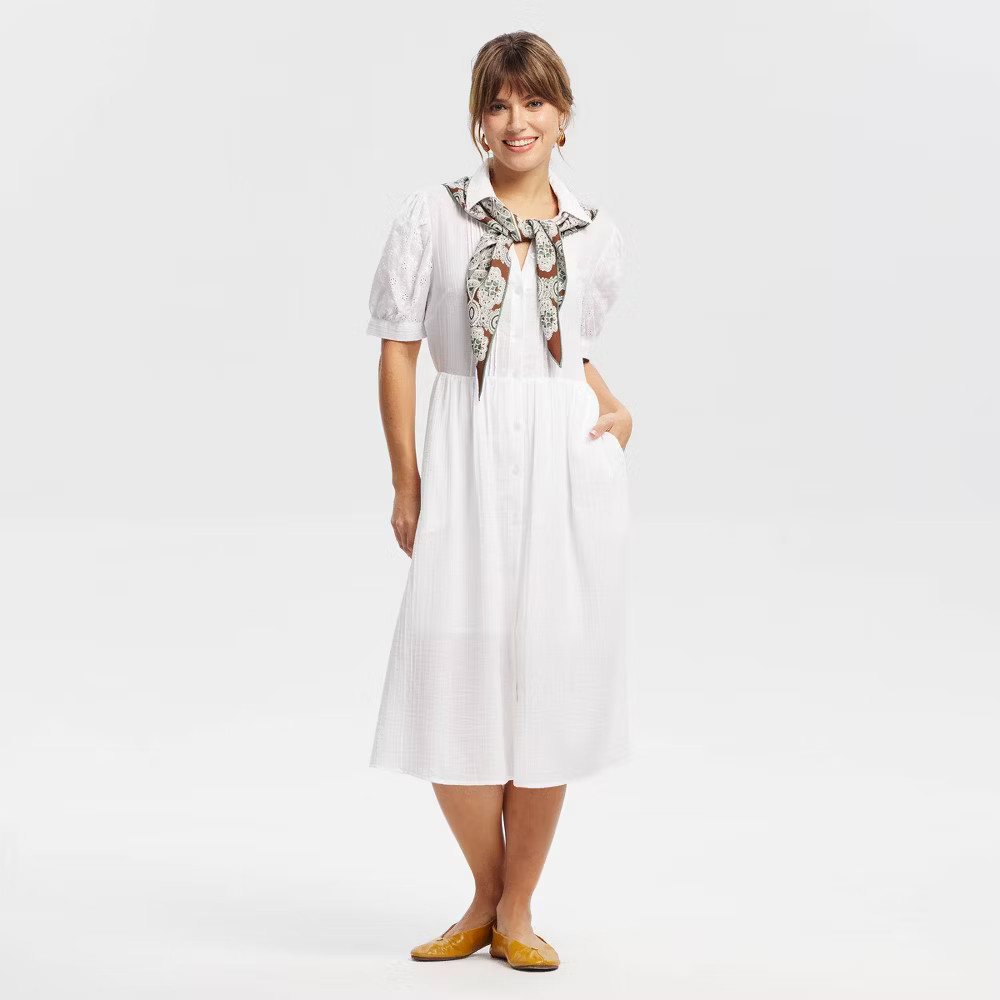 Women Puff Short Sleeve Eyelet Midi Shirtdress – Universal Thread White L