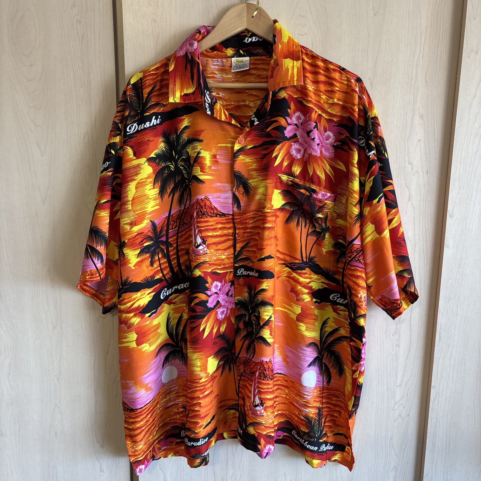 Rima Hawaiian Cacao Shirt Mens 2XL Orange Faux Silk All Over Graphic Button Up