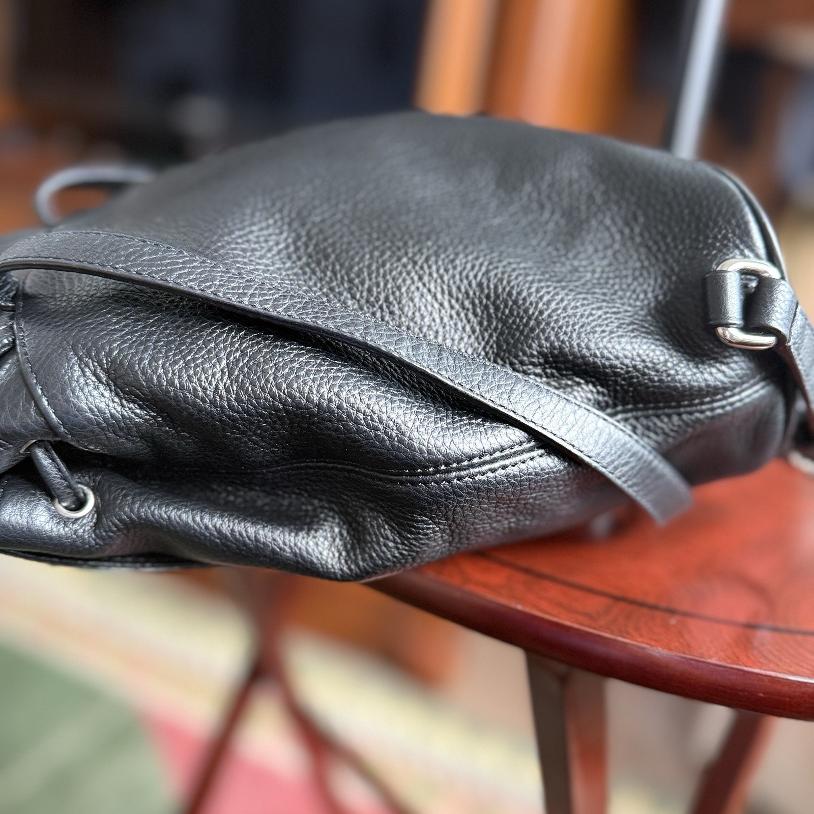 Coach F24385 Black Pebbled Leather Turnlock Drawstring Backpack