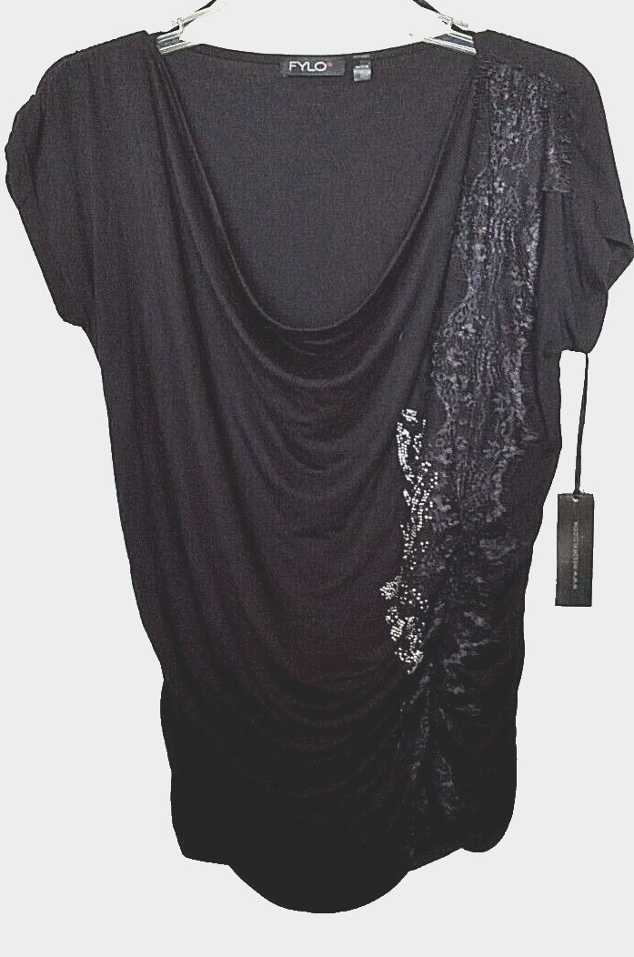 FYLO 95% viscose, 5% spandex black embellished draped T-shirt Size Medium