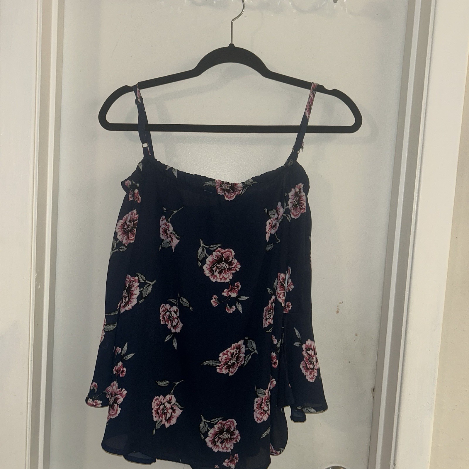 Seven Sisters Blue Floral Peasant Preppy Cottage Chic Off Shoulder Blouse Small