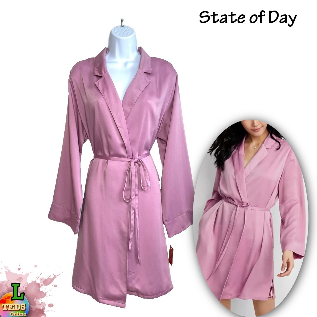 NWT State of Day Women’s L Crepe de Chine Self-Tie Robe 100180215 Mauve Orchid