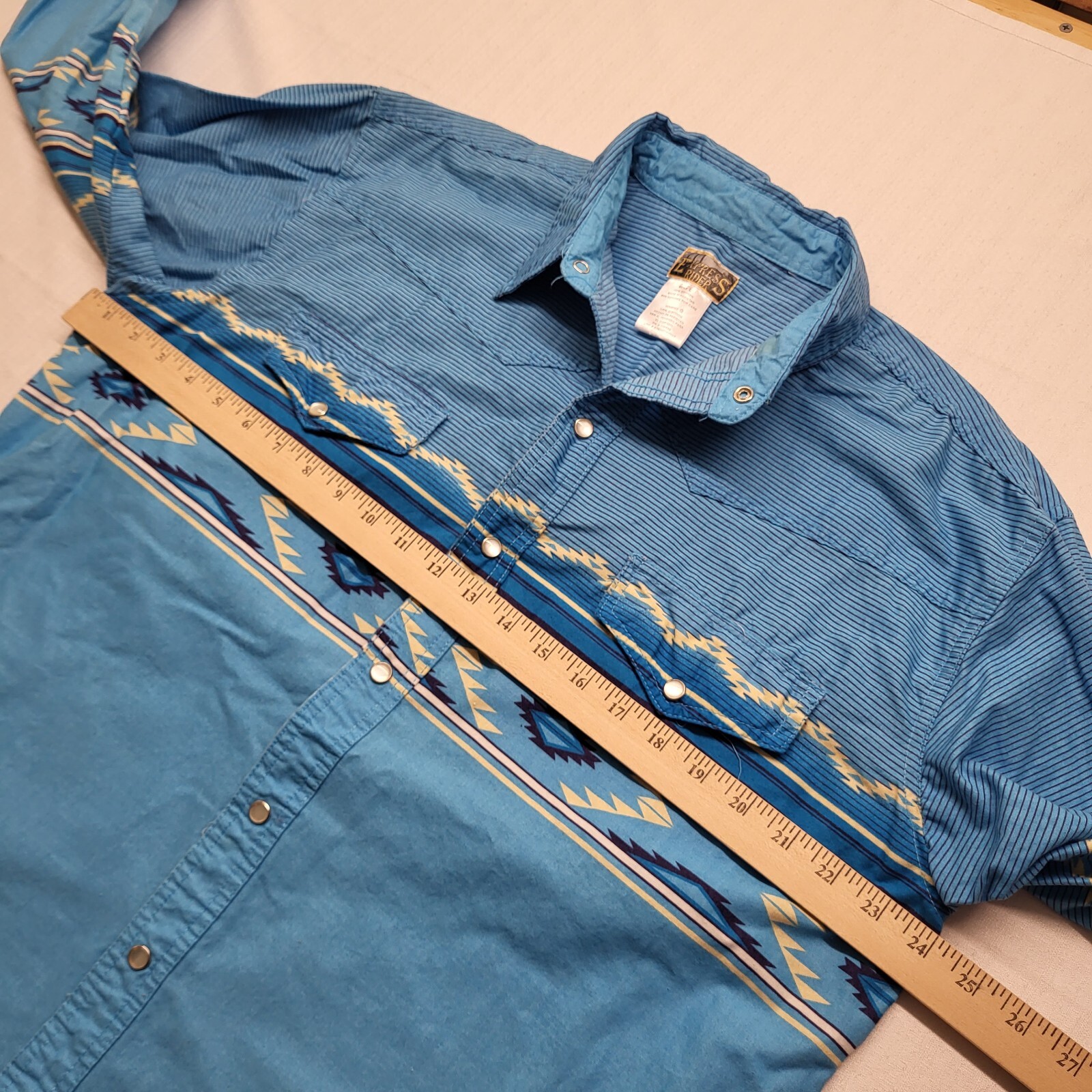 VTG Express Rider Pearl Snap Shirt Mens Large Blue Aztec 90s Western USA Cowboy
