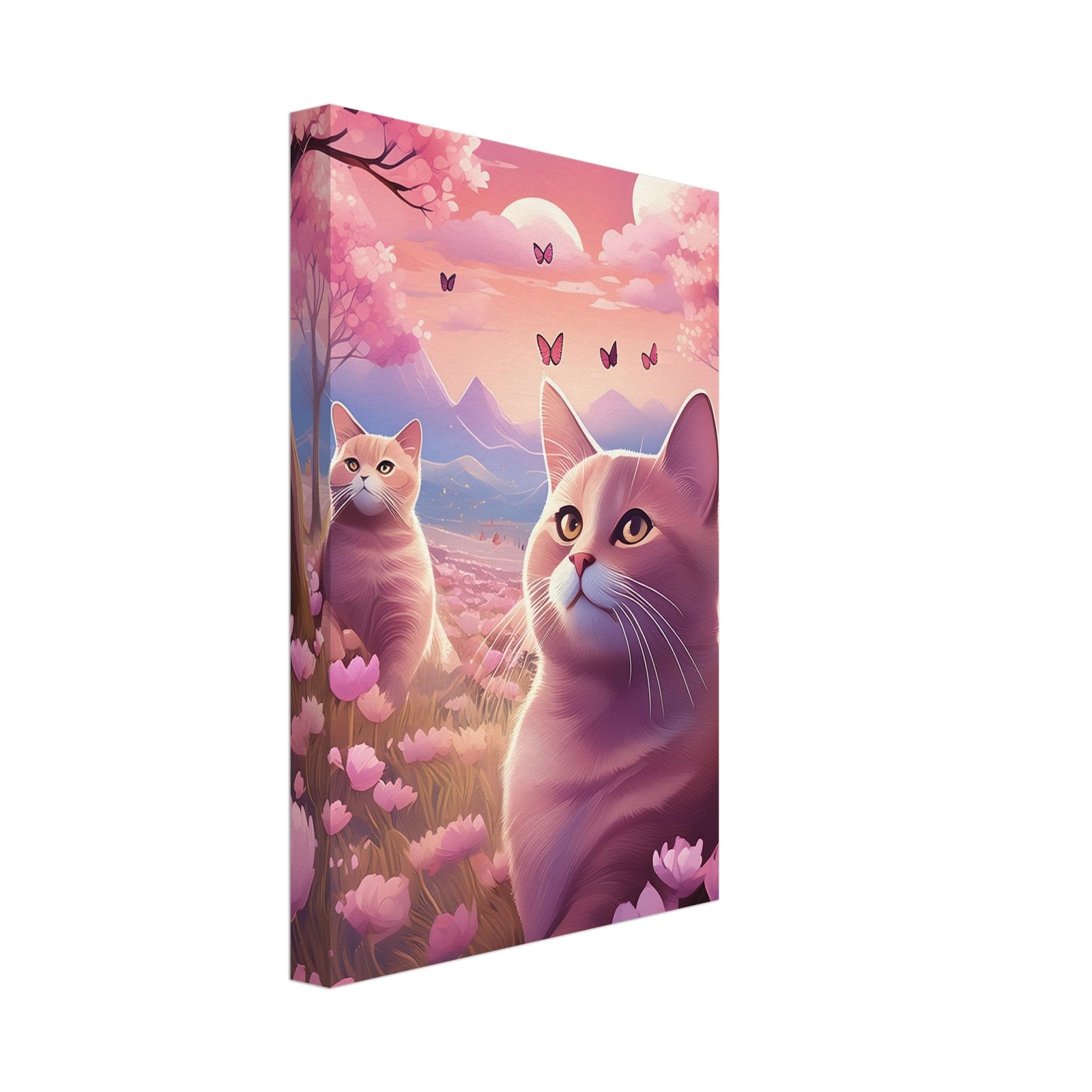 Pink Cats Canvas Art – Whimsical Cat Wall Decor – Cute Feline Fantasy Print for