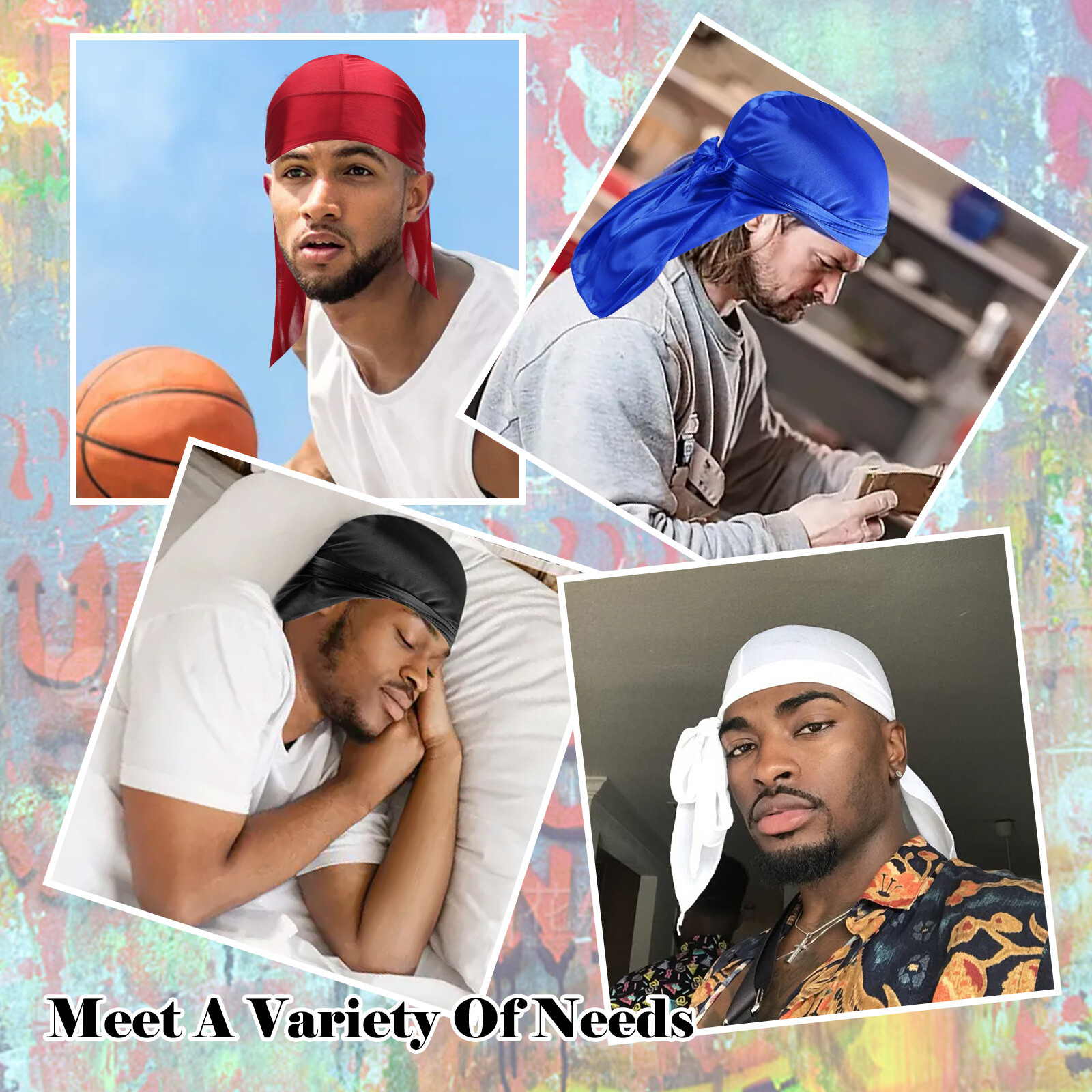 5 PCS Soft Durag Head Wraps for Men & Women – Multicolor Silky Headscarves Set