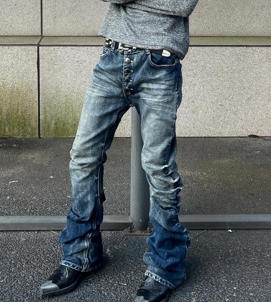 Men’s Straight Leg Blue Denim Jeans Casual Pants Button Up Punk Hip Hop Trousers