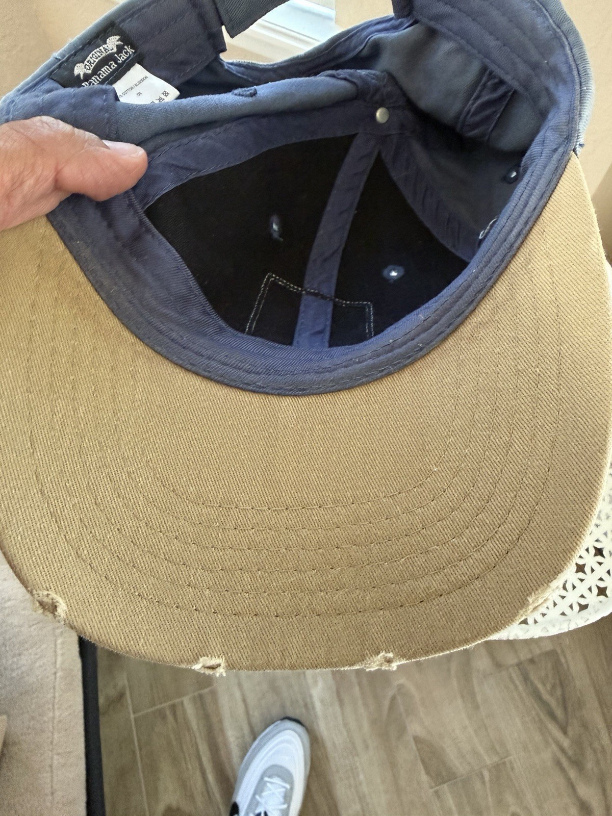 Vintage Panama Jack Blue Tan Strapback Hat Cap Hook Loop Closure Cotton OS