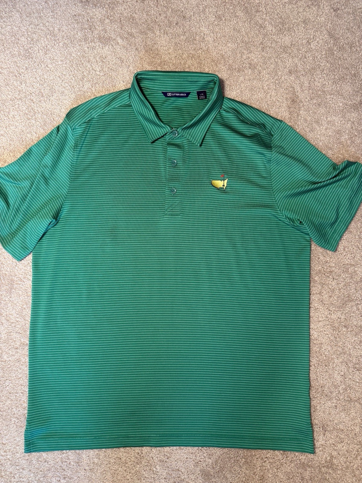 Cutter & Buck Augusta Masters Logo Golf Polo Green/White Striped Stretch L
