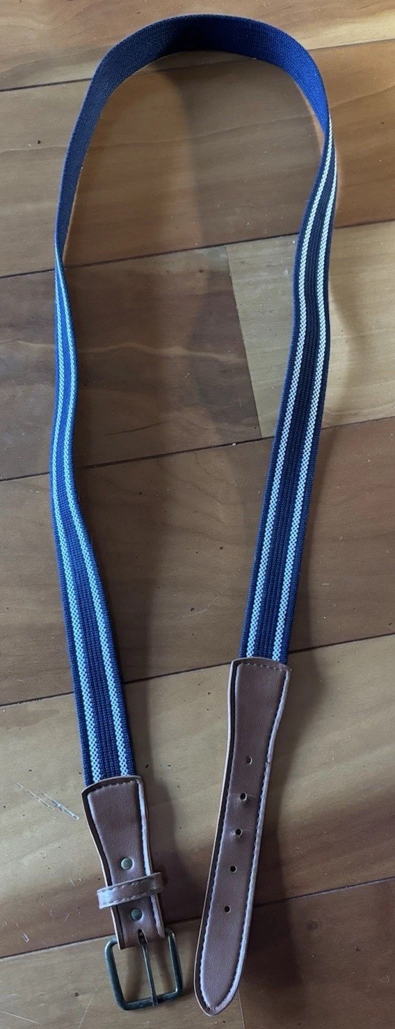 Woven Cotton Belt W/Faux Leather Ends Brass Buckle Blue & white Stripe Size 44