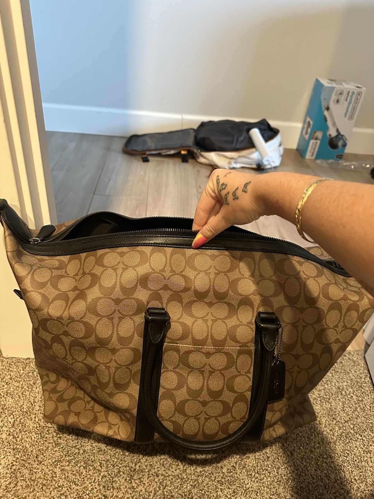 Coach Signature Monogram Tote Bag Brown w/ Black Leather Double Handles Zip