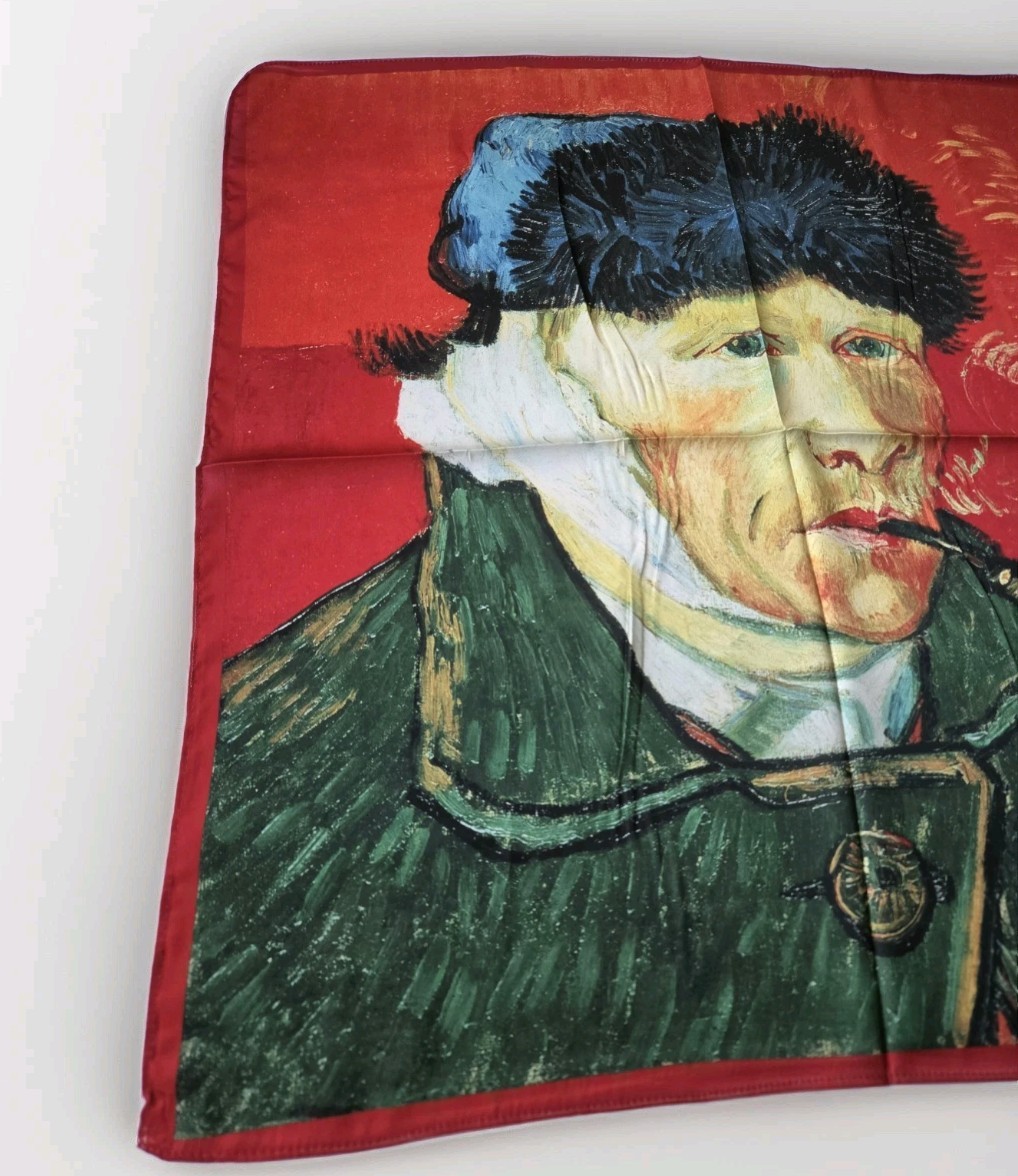 NEW Van Gogh Self Portrait Art SCARF Faux Silk Red Impressionism Man 21″ READ