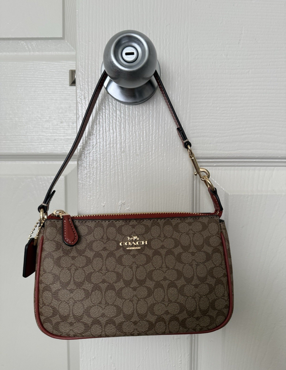 Coach Nolita 19 Signature Small Shoulder Bag Zip Top Detachable Strap Brown Gold