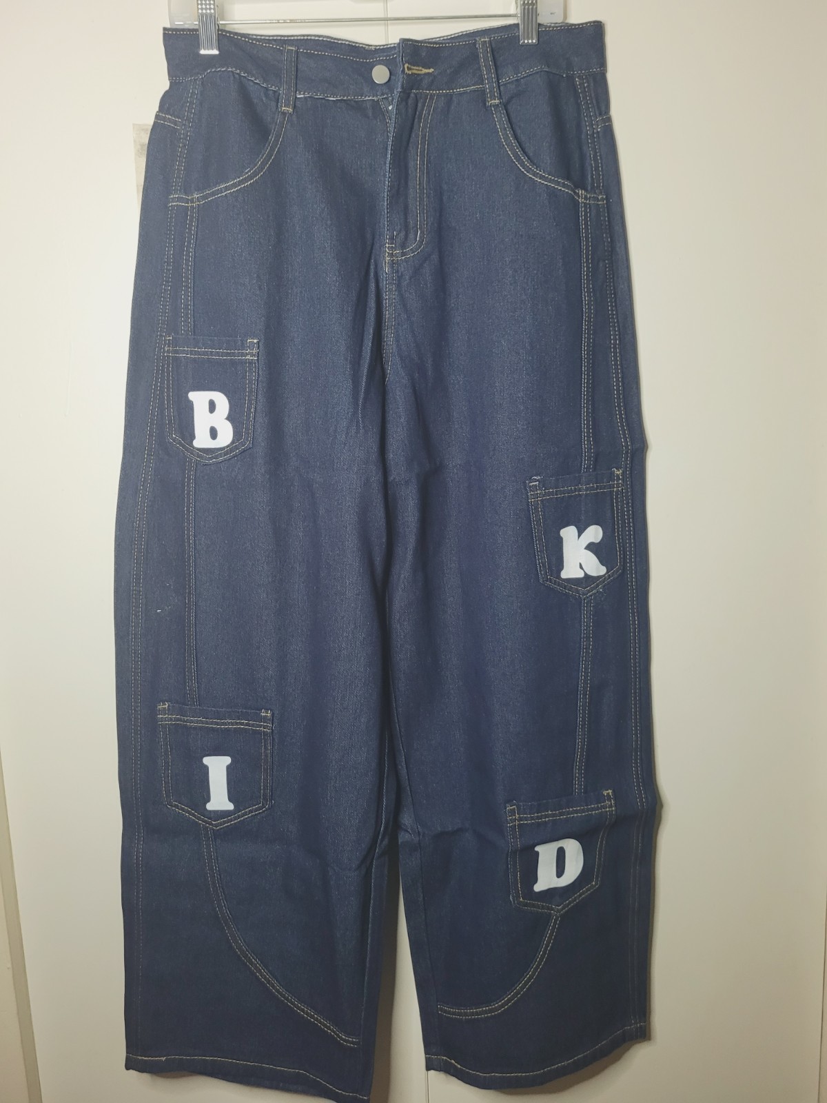 OOTD Women’s Blue Dark Wash Wide-Leg Denim Jeans, Size L, Pockets, Button