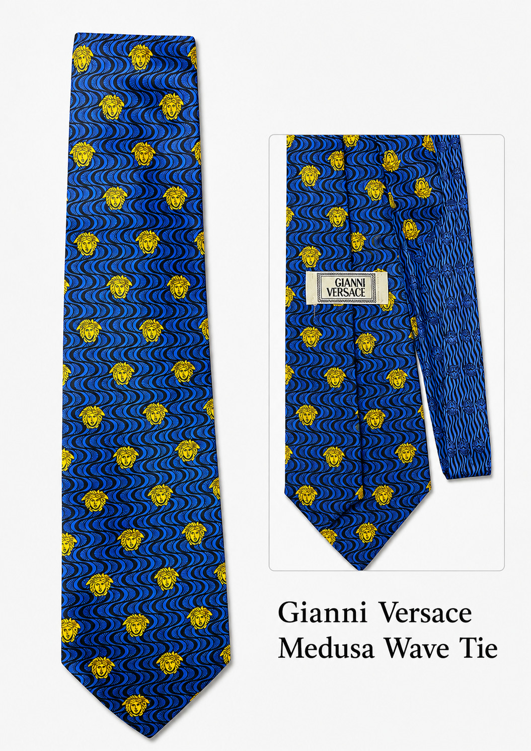 Vintage Gianni Versace Medusa Tie Blue Gold Wave Pattern Necktie