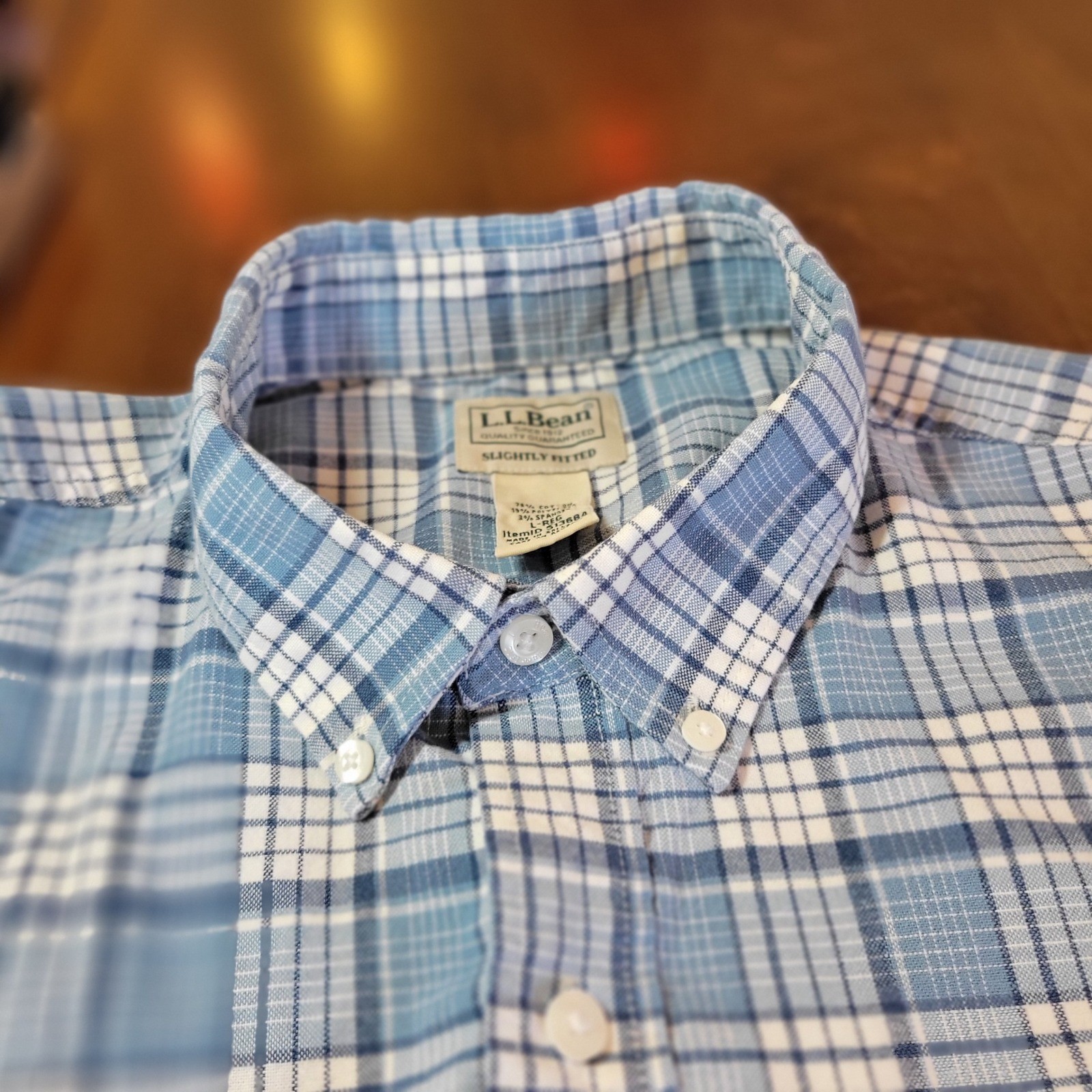 LL Bean Mens Slightly Fitted Short Sleeve Plaid Button Down Shirt Sz Large Blue