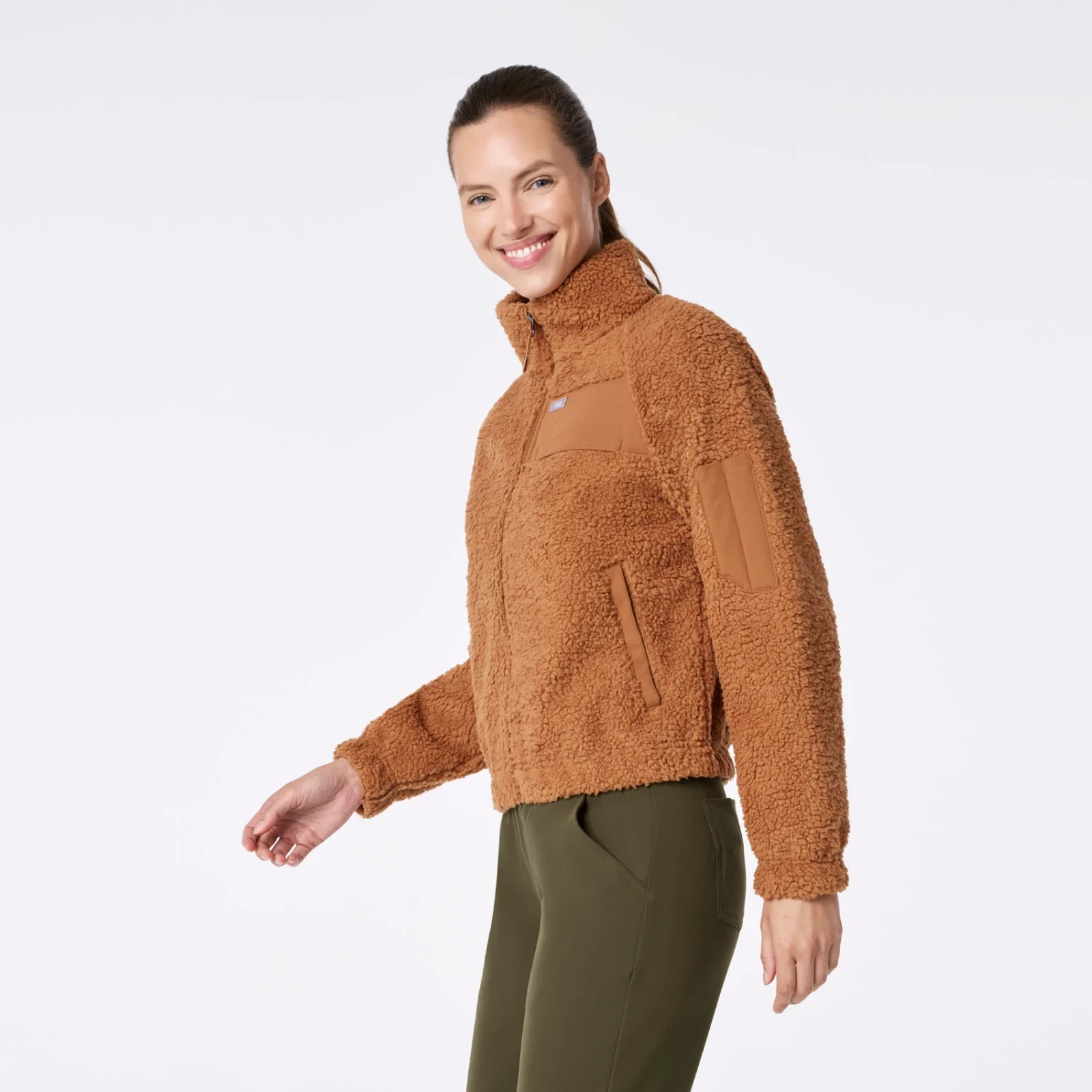 Figs On-Shift High Pile Fleece Bomber Jacket in Mocha, Size XXS