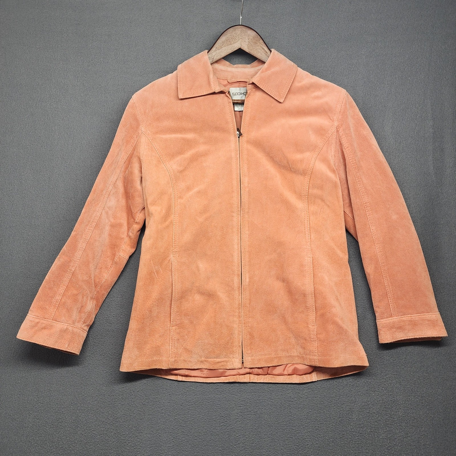 Chicos Jacket Womens Small Peach Suede Leather Zip Front Fully Lined YKK Fitted