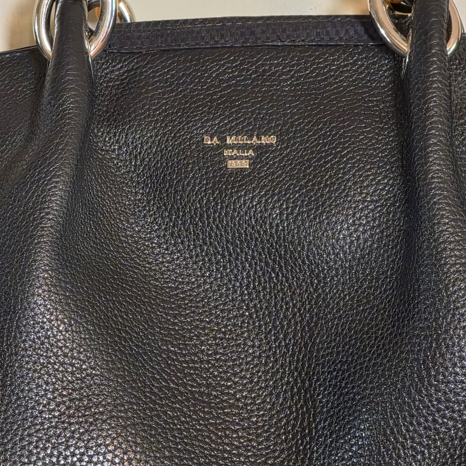 DA MILANO Black Pebbled Satchel Top Handle Zip Bag w/ Detachable Strap