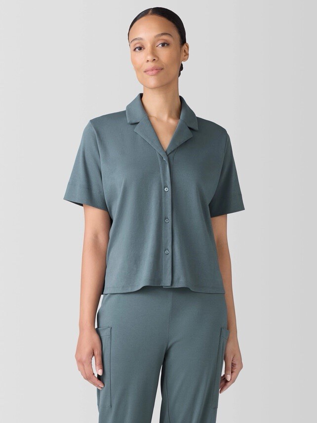 Eileen Fisher Organic Cotton Interlock Notch Collar Sleep Shirt Eucalyptus M NWT