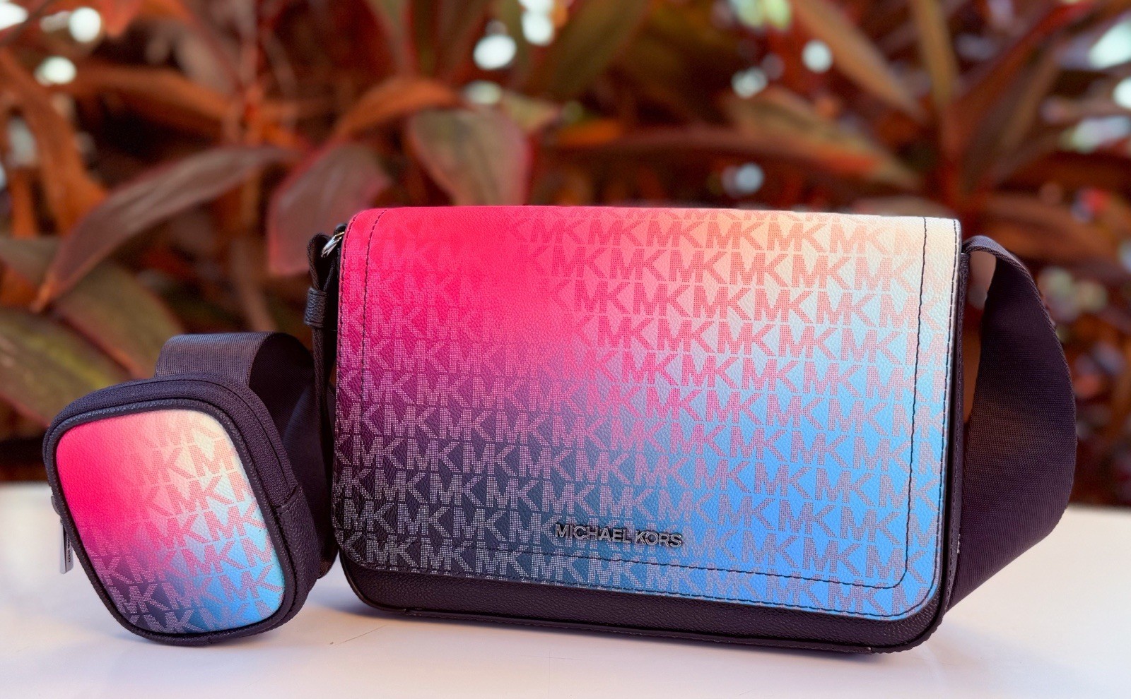Michael Kors Cooper Flap Crossbody Bag + Pouch MK Ombre Dark Raspberry Multi