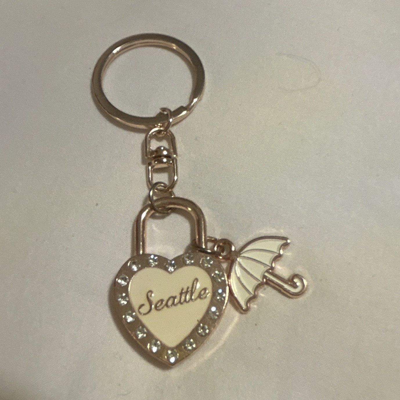 Seattle Silver Metal Heart Love Charm Key Chain with Rhinestone Accents
