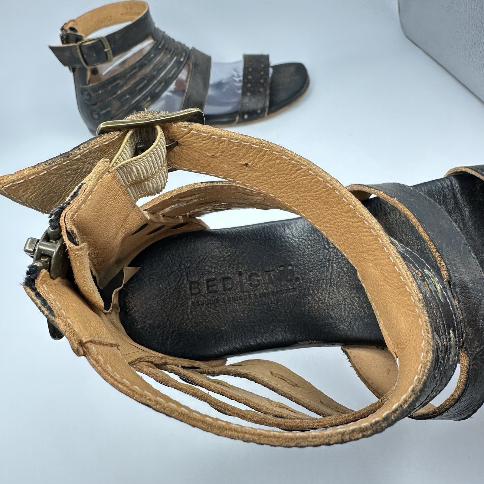 BED STU-Artemis Gladiator Sandals Black Hand Wash Leather Zip Women Size 9.5