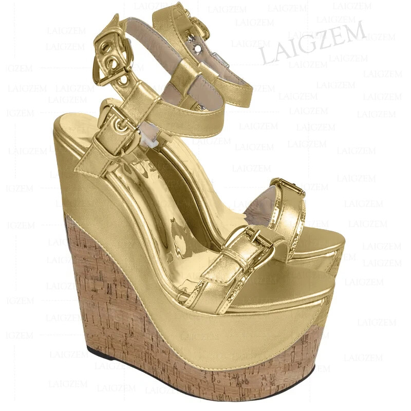 Women Sandals Platform 17CM High Heels Wedges Buckle Faux Leather Shoes Woman