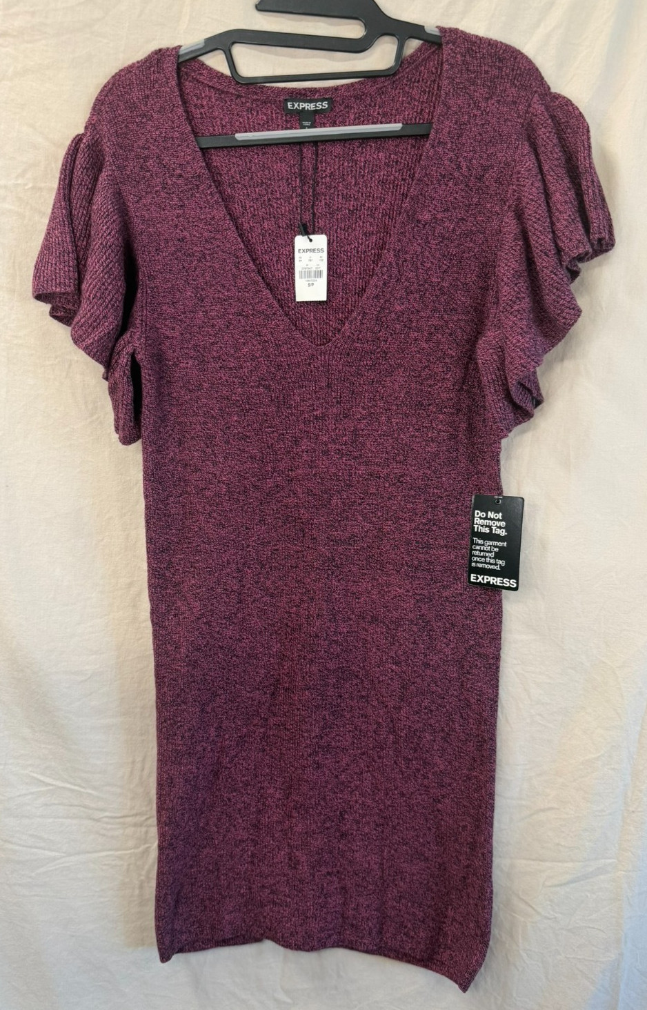 Express Deep V-Neck Flutter Sleeve Sweater Dress Pink Marl Size Small