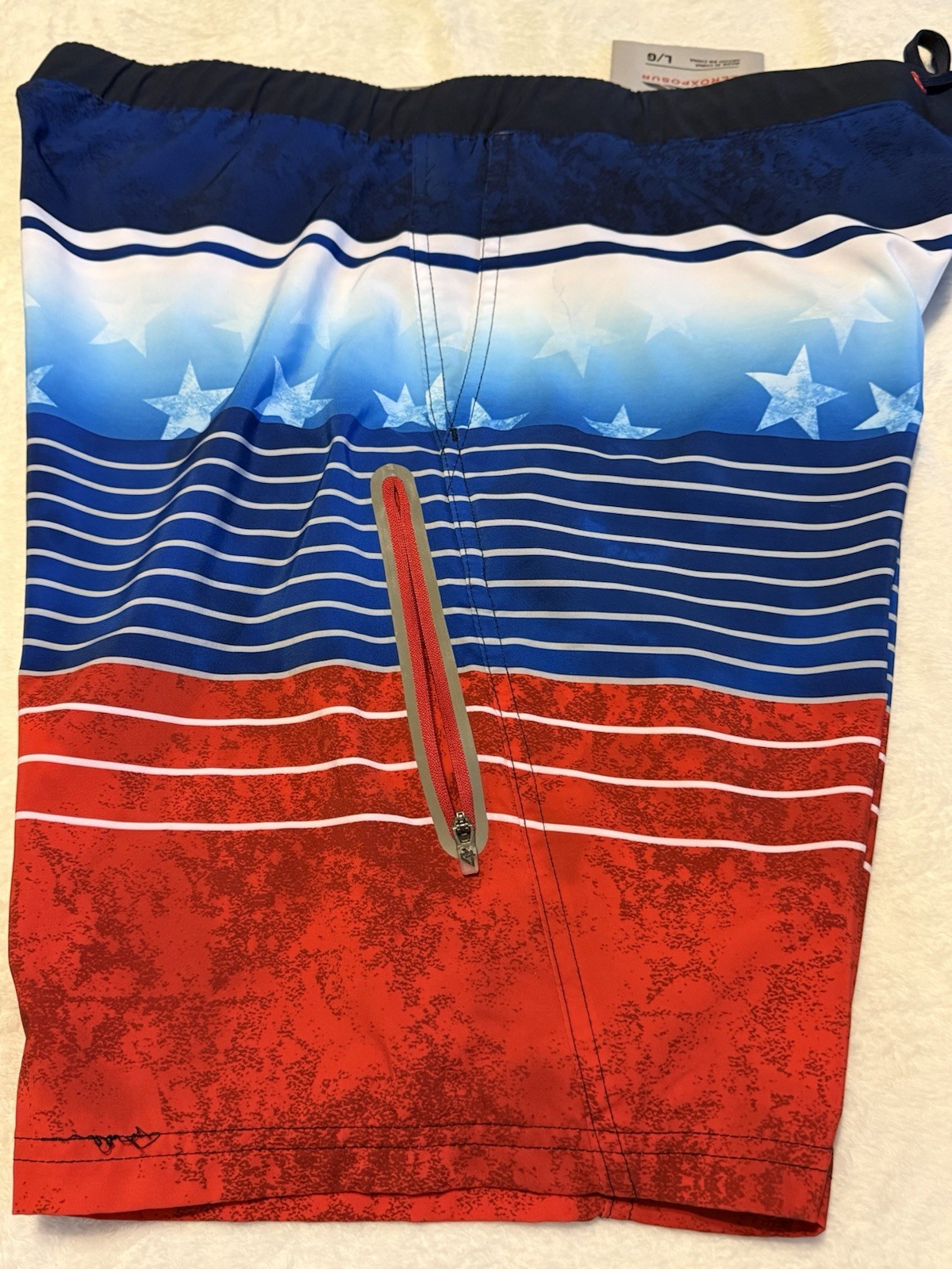 ZeroXposur Men’s Board Shorts Red Blue White Stars & Stripes Drawstring L