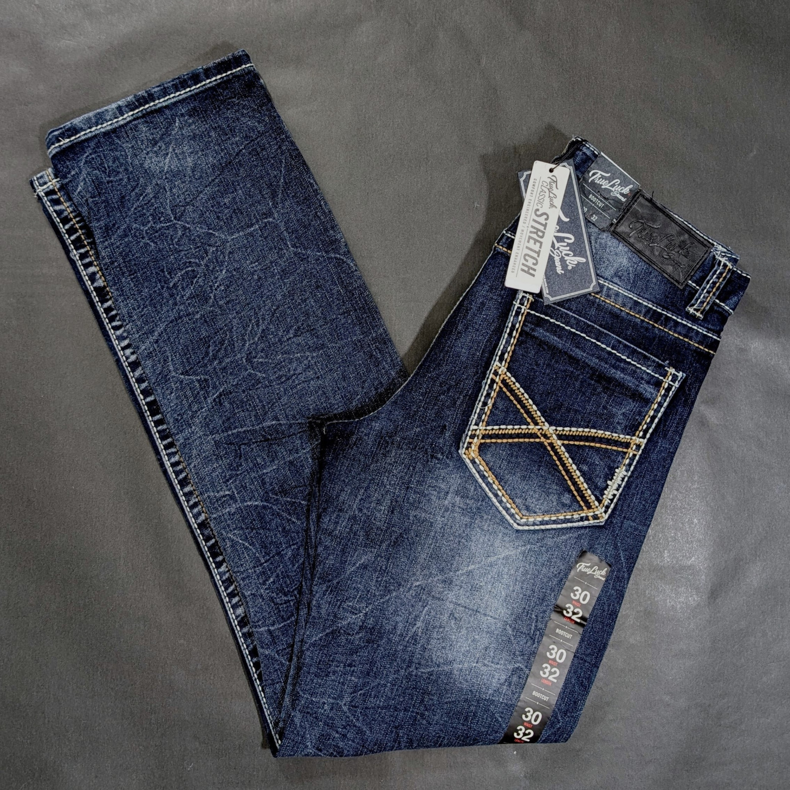 True Luck Men’s Classic Stretch Bootcut Jeans Pants 30×30 36×32 34×30 Stitch