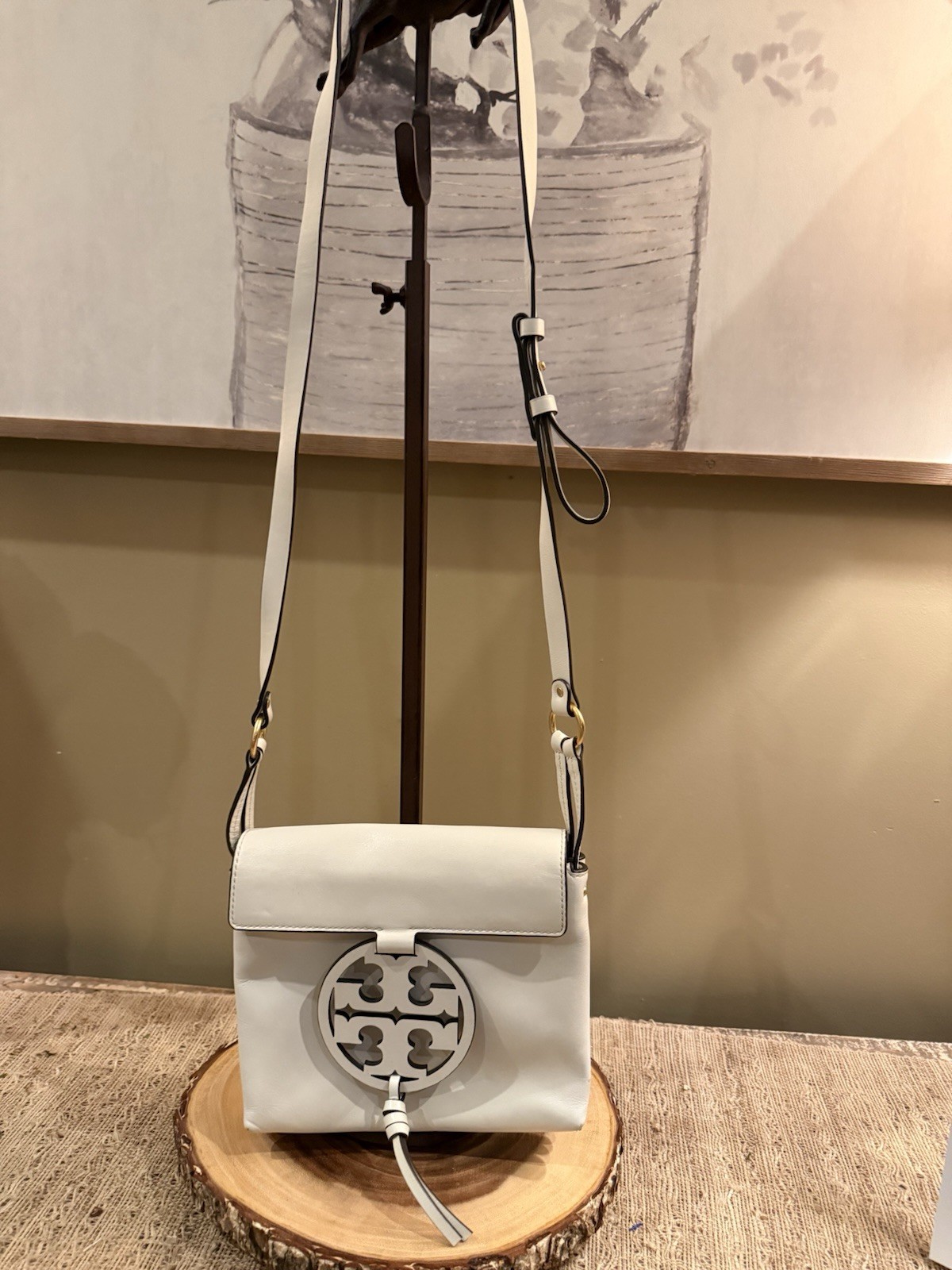 Tory Burch Miller Logo Leather Flap Crossbody Birch White Brushed Gold 398$