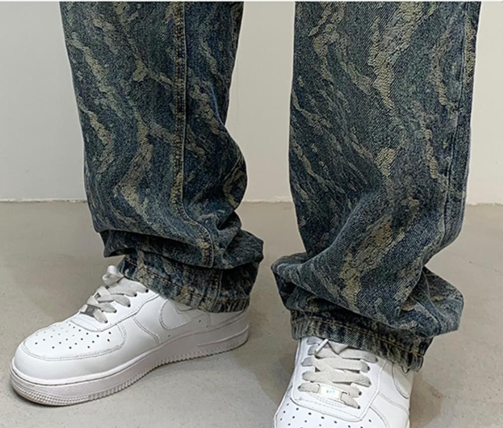 Men’s Blue Denim Jeans Straight Leg Casual Punk Hip Hop Pants Pockets Trousers